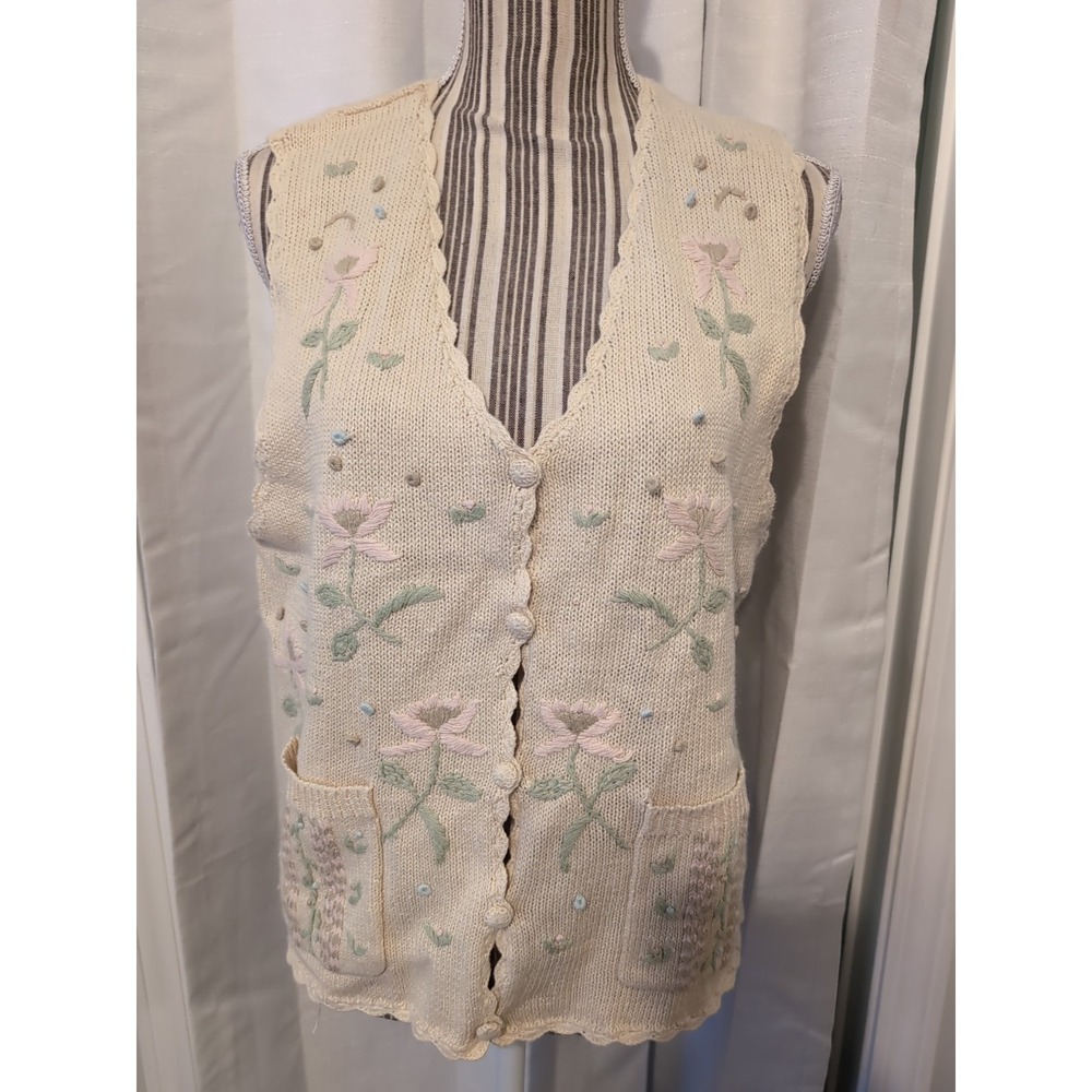 Vintage‎ Bryn Connelly Floral Embroidered Scalloped Knit Vest Sz M Granny Easter